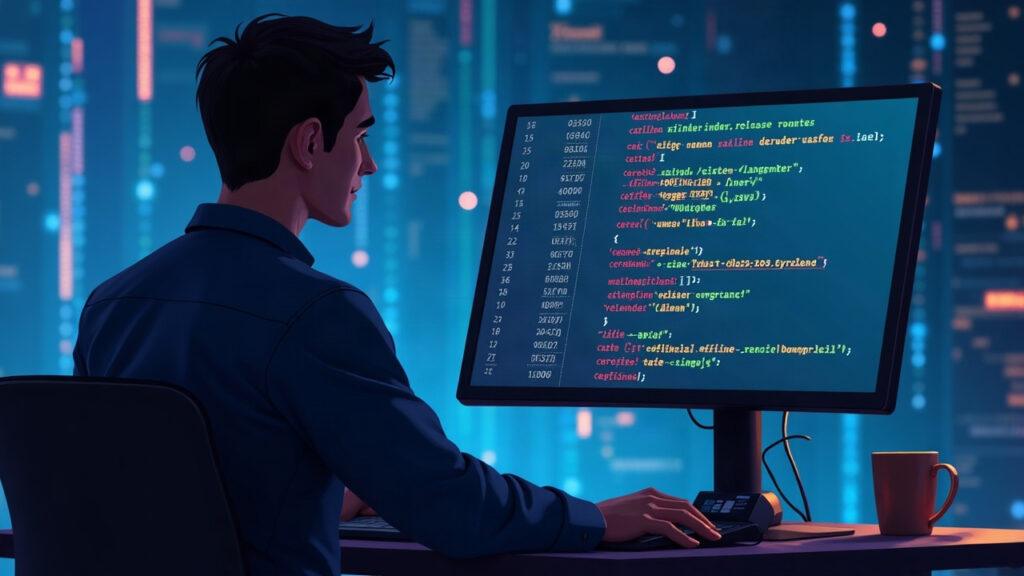 Semi-realistic illustration of a developer reviewing a v32-0rc1 release candidate with code diffs and blockchain vibe.