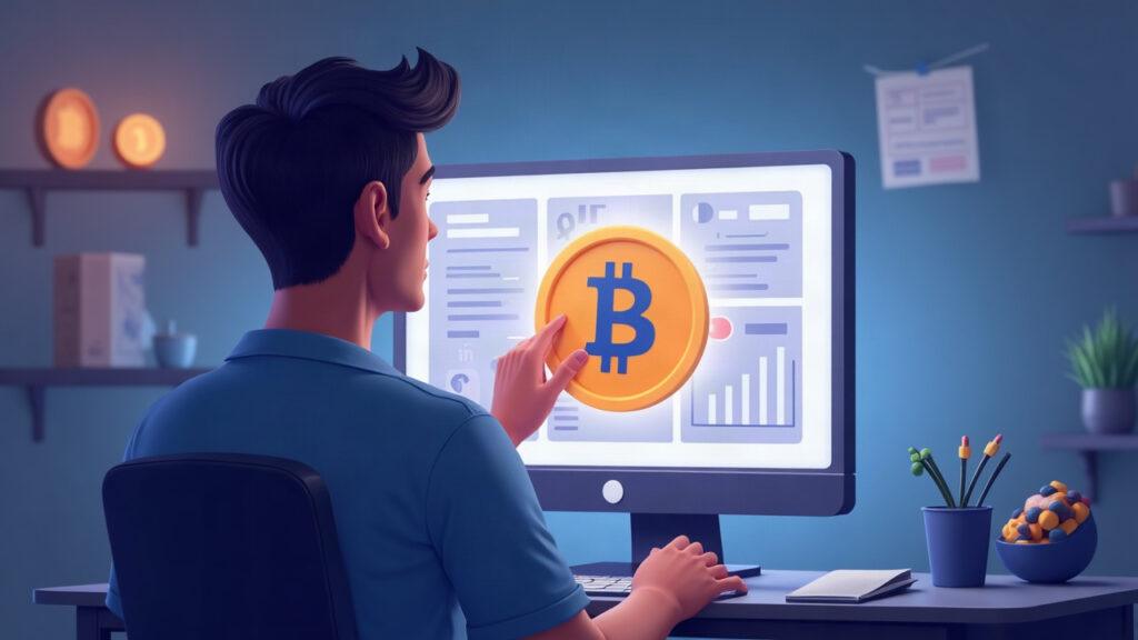 Person reviews a Bitcoin Ordinal NFT on a clean wallet interface with a Bitcoin symbol, ordinal stamp, and soft marketplace lighting.