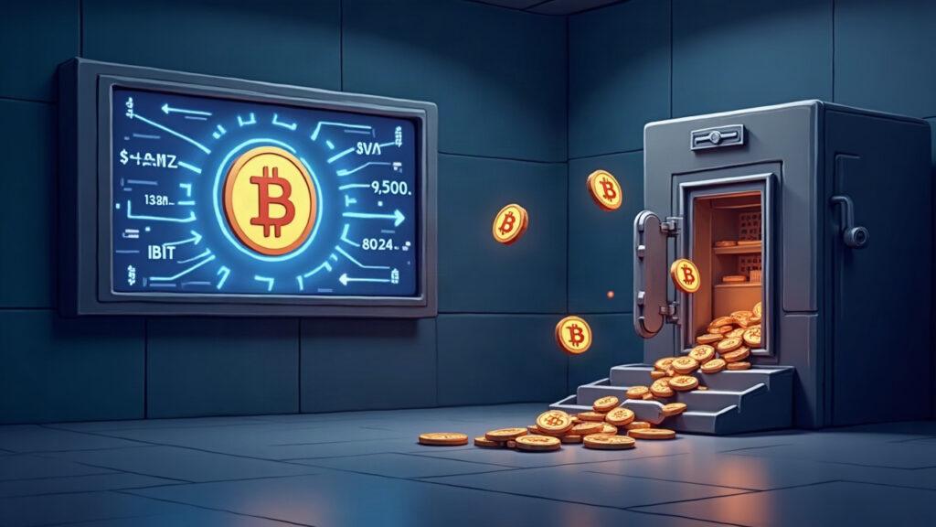 Semi-realistic crypto hub showing Bitcoin flowing into an IBIT vault and a $134.35M display.