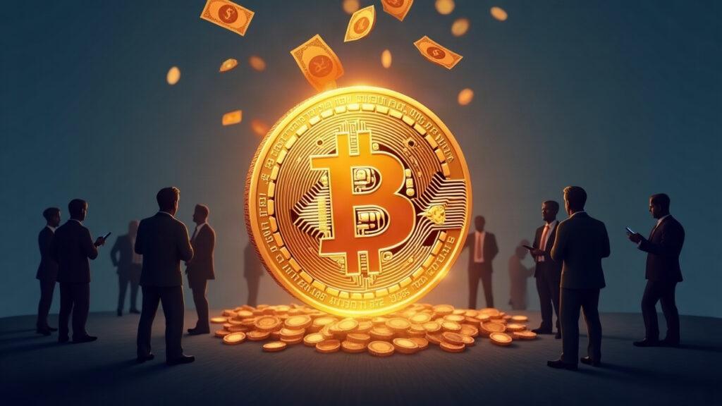 Semi-realistic illustration: Bitcoin at center with institutional traders funneling funds toward it.