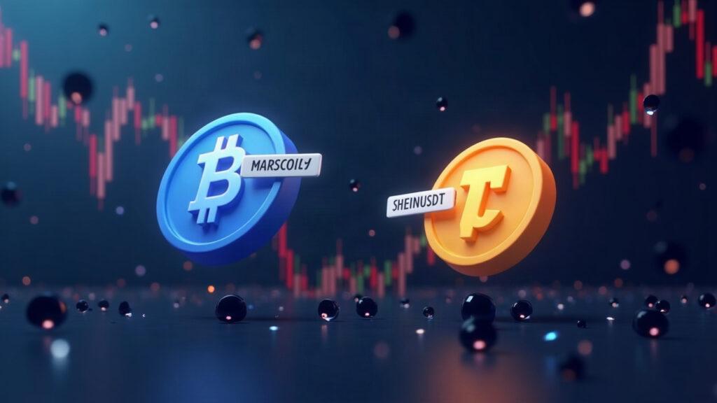 Crypto trading dashboard showing two floating tokens: MARSCOINUSDT and SHEINUSDT.