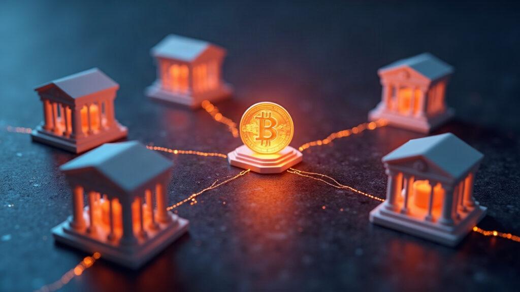 Six banks linked by a soft blockchain grid with a CAD token flowing between them, illustrating interbank tokenized deposits.