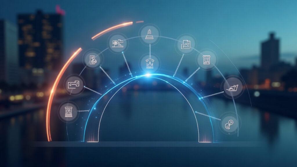 Glowing arc linking eight protocol icons above a transparent dashboard showing TVL over $300M, with a muted backdrop.