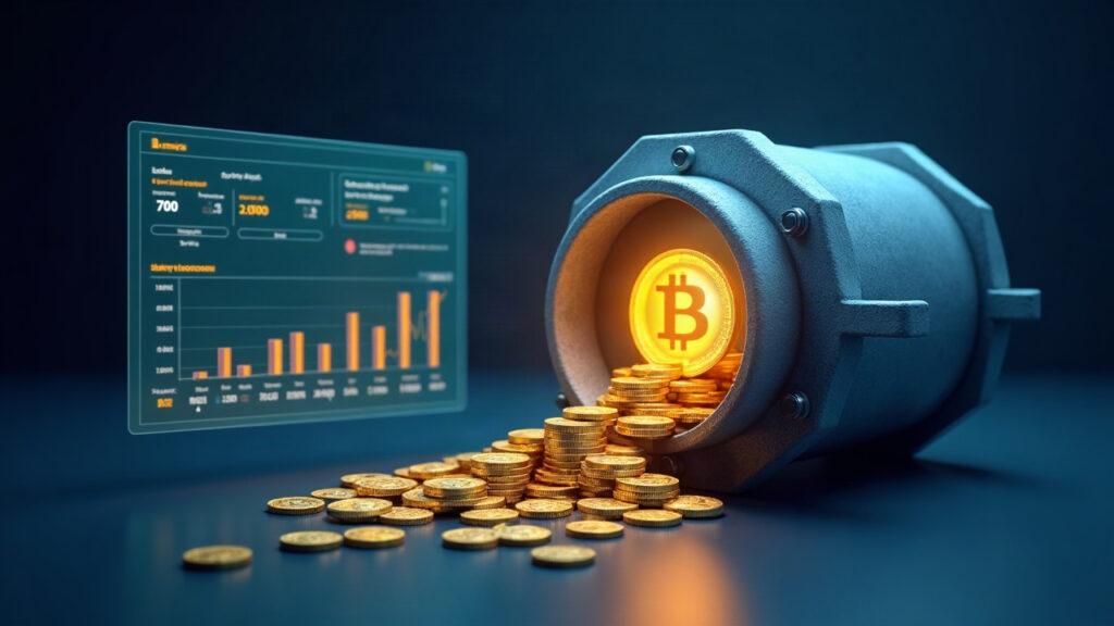 Semi-realistic treasury vault with coins flowing, overlaid dashboard showing USDC mint and burn activity