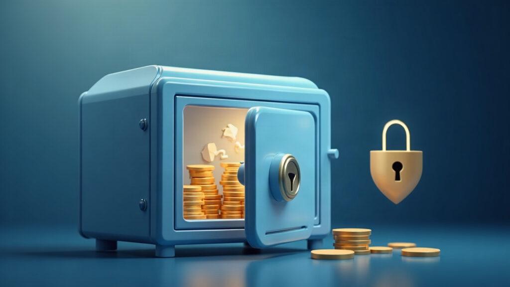 Hybrid illustration of a translucent vault with blurred coins, an issuer oversight shield, and a privacy lock.