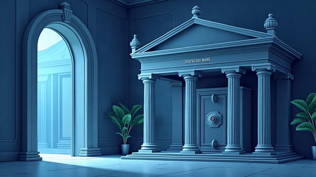 Semi-realistic Deutsche Bank digital asset custody scene with a secure vault and Bitcoin, Ether and stablecoins icons.