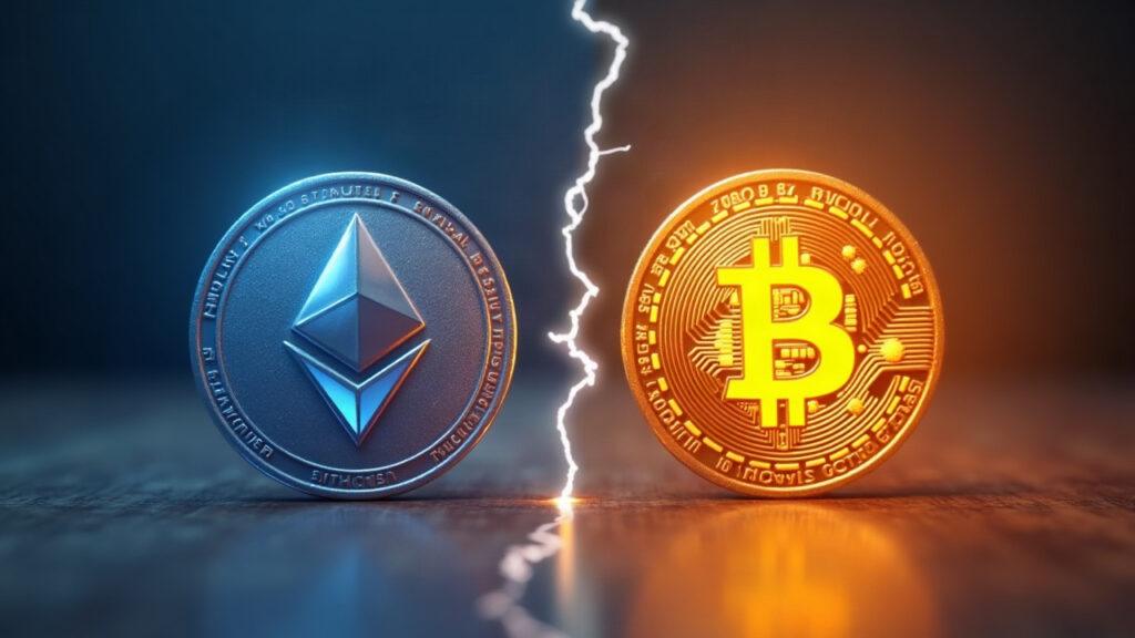 Split-screen: Ethereum logo fades to show paused ETF inflows; Bitcoin logo glows to show continued inflows.