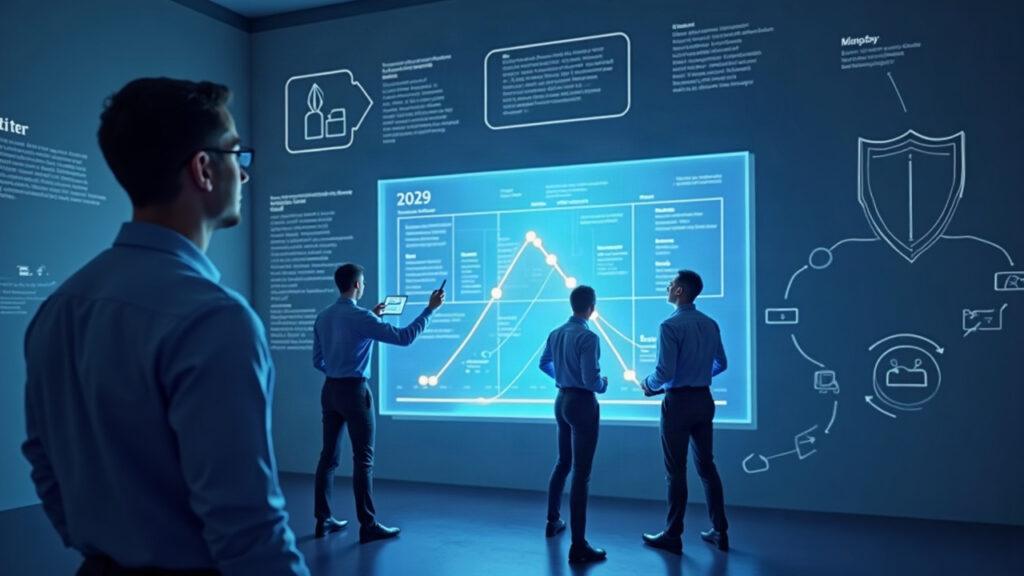 Semi-realistic researchers analyzing a tier-list on a digital display with a quantum shield icon and a 2029 roadmap in a modern crypto research setting.