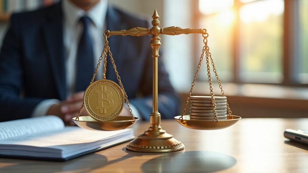 Semi-realistic EU bank office with a balance scale weighing stablecoins against liquidity assets; MiCA review document.