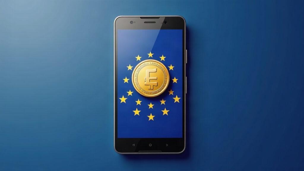Smartphone screen displaying EURR euro-stablecoin in a fintech app, with EU flag backdrop and MiCA badge.