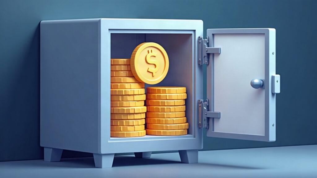 Semi-realistic illustration of tokenized fund shares used as collateral inside a crypto exchange, with a custody vault.