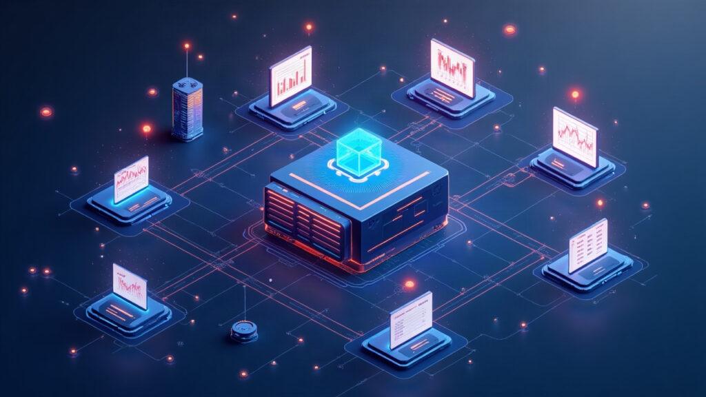 Semi-realistic illustration of a central Mainnet server connected to market dashboards and AI agents.