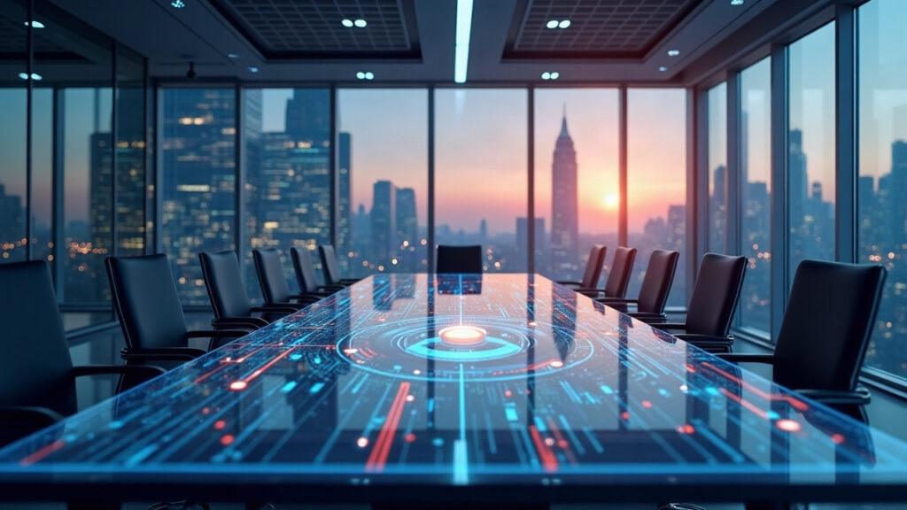 Semi-realistic boardroom scene with a tokenized securities dashboard and cross-network ledger lines toward a 2027 regulatory horizon.