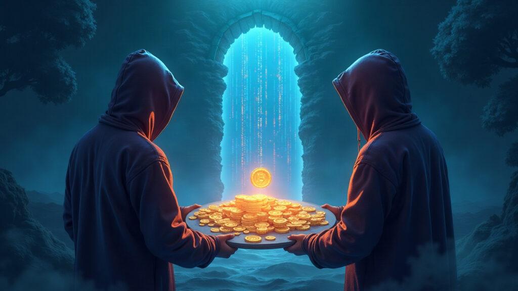 Semi-realistic Hoodminers unveiling Ordinals with glowing tokens rising from a digital ledger, hinting at an OpenSea mint