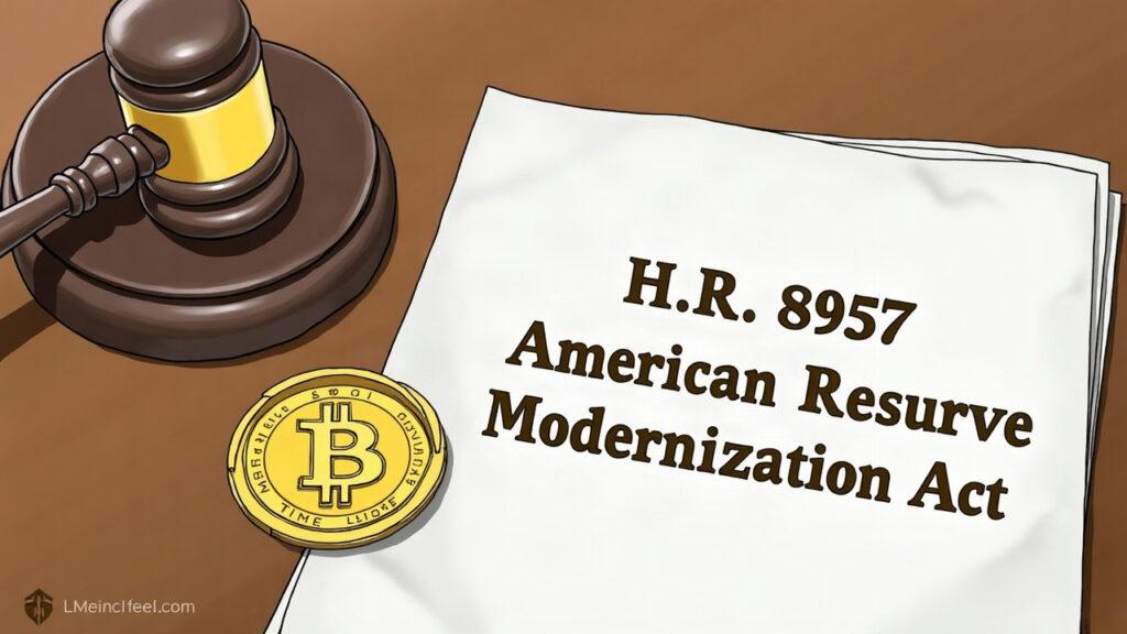 Realistic hearing with a gavel, H.R. 8957 document, and a Bitcoin coin illustrating the Strategic Bitcoin Reserve.