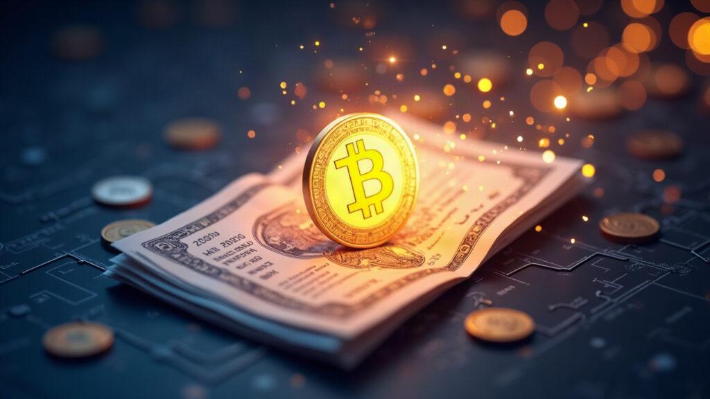 Stock certificate morphing into a glowing blockchain token on listing day, illustrating issuer-sponsored on-chain equities.