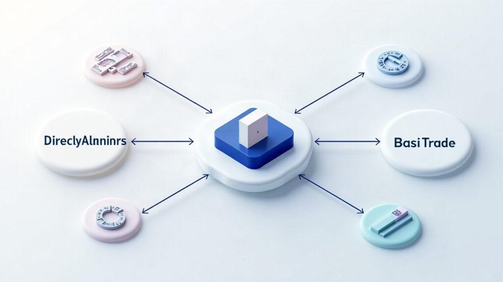 Semi-realistic on-chain credit platform with a central core and three branches: Direct Lending, Securitization, Basis Trade
