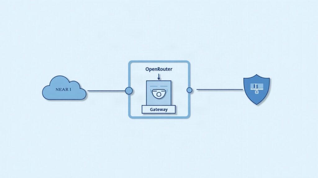 Semi-realistic illustration: NEAR AI Cloud left, OpenRouter gateway center, secure NEAR AI API right with shield icon.