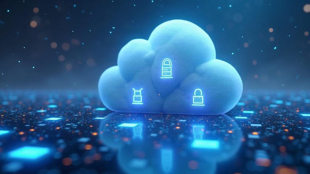 Semi-realistic scene of TEEs guarding a cloud, with flowing data and model icons for private AI inference.