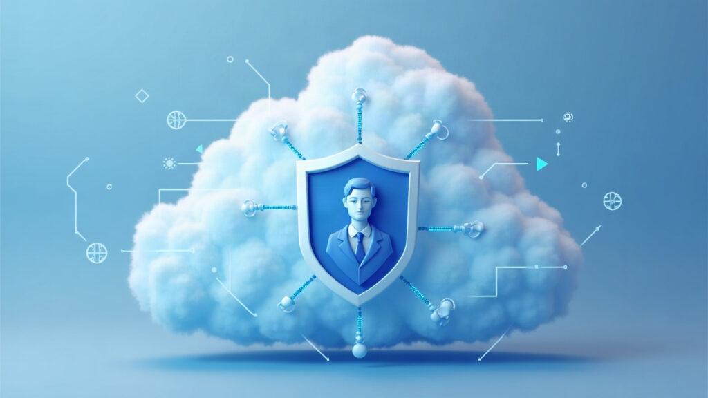 Semi-realistic scene of confidential AI inference on a cloud, with a Lean Agent shield and a privacy routing layer.