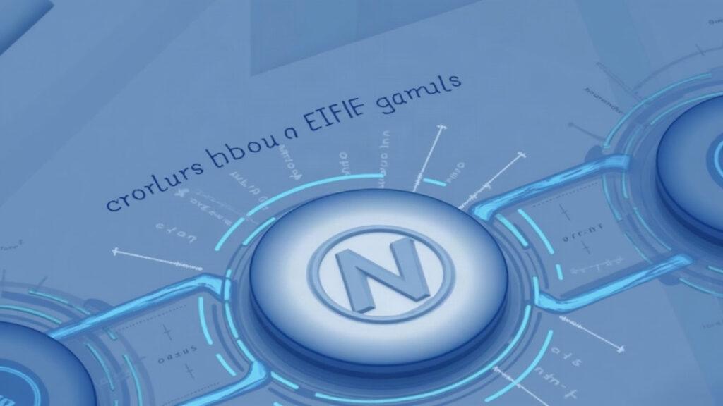Semi-realistic NEAR token gateway linking AI agents for settlements, with a muted ETF document in the background.