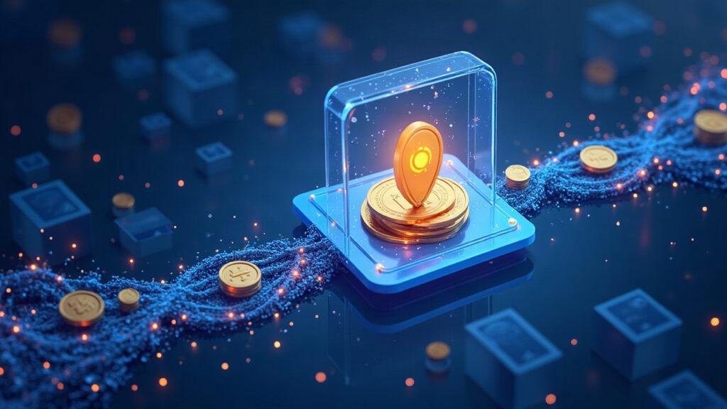 Semi-realistic illustration of tokenized assets flowing through a secure on-chain settlement on Ondo Chain.