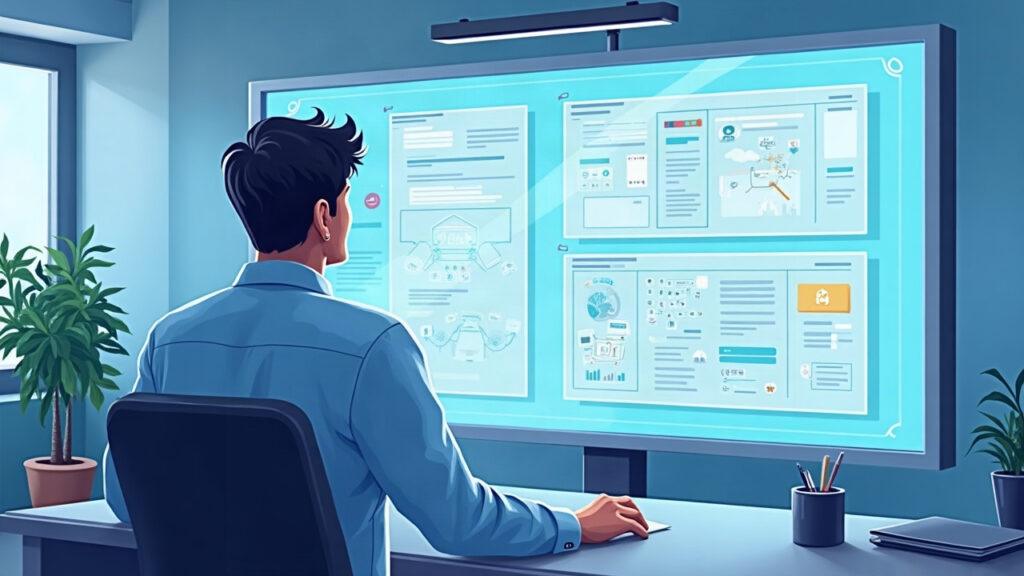 Researcher reviews auditable AI training on a transparent screen with artifacts, checkpoints and a verifiable audit trail.