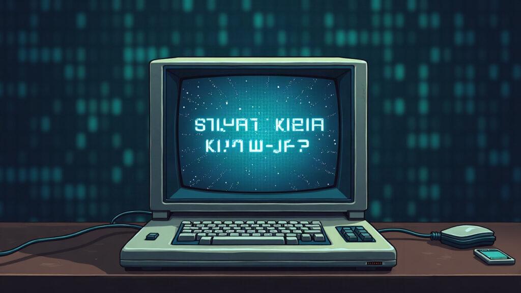 Retro computer displays a sentence that creates a blurry 32x32 image over a blockchain-style grid.