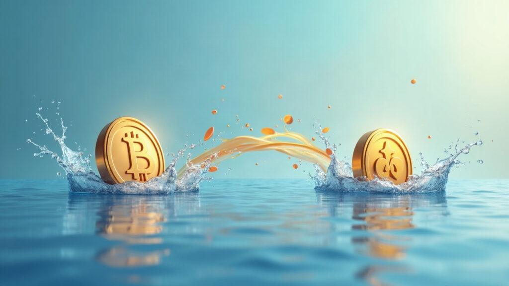 Semi-realistic illustration of Infinity pools on Robinhood Chain backdrop, two tokens merge into a pool with a bold 90/10 fee split.