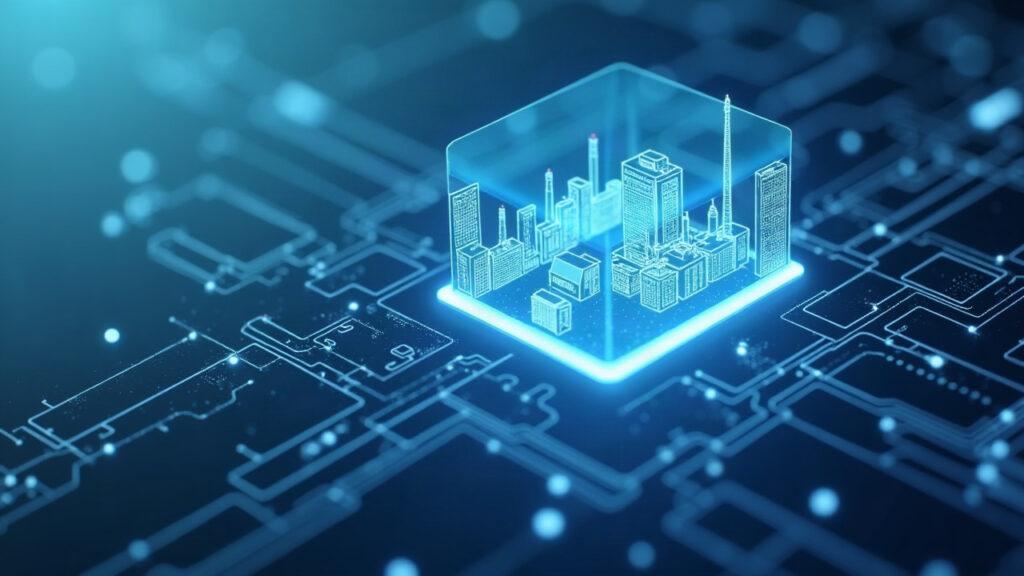 Semi-realistic private 5G base station linked to a transparent blockchain ledger with a dSIM chip and factory silhouettes.