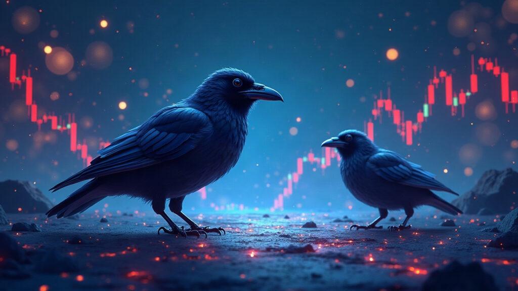 Realistic hybrid illustration of Raven enabling liquidity in a two-sided prediction-market trading scene.