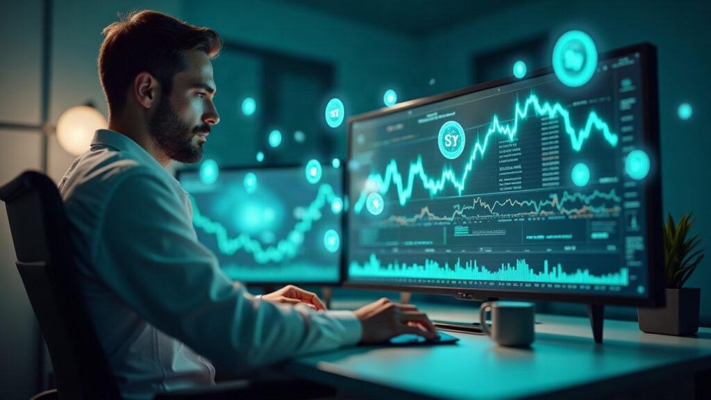 Semi-realistic trader at a clean desk with holographic SPYx tokens streaming across a transparent panel in blue-green light