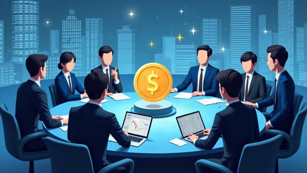 Hybrid illustration of a Japanese bank meeting about a tokenized bond on a blockchain, with NTT Data and Securitize Japan.