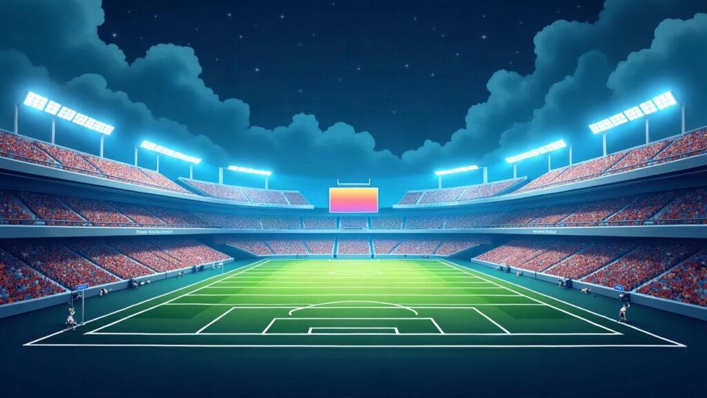 Semi-realistic stadium with a glowing token grid and ledger motif illustrating regulated tokenized equity in pro sports.