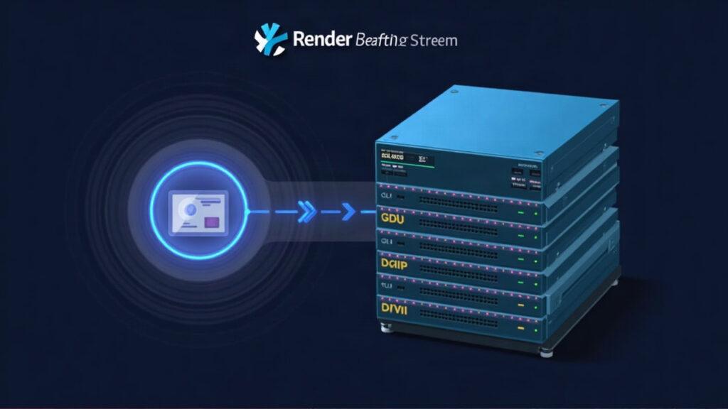 Semi-realistic GPU rack with a live-request stream icon, for on-demand inference in Dispersed subnet
