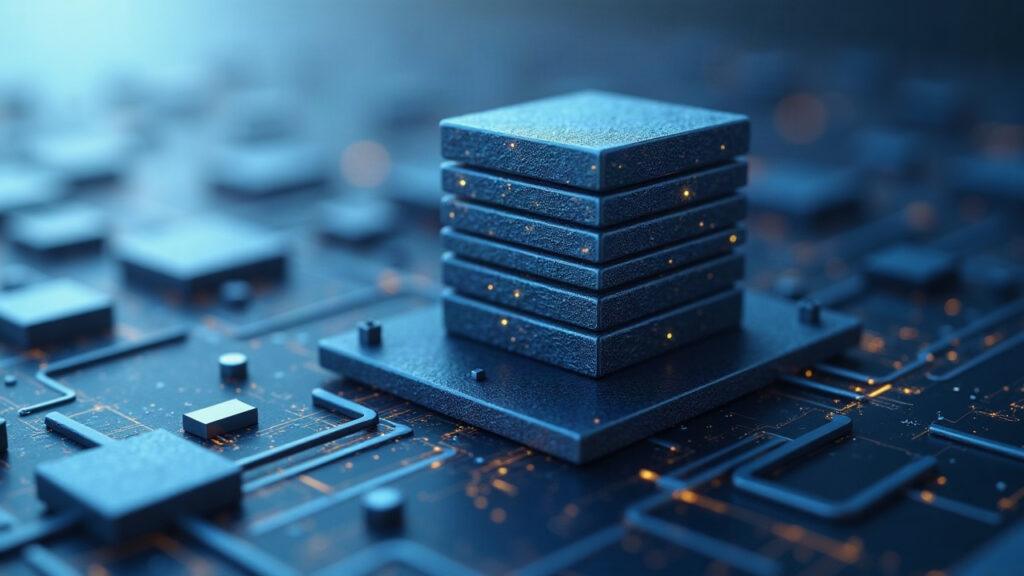 Realistic server rack morphing into a blockchain-powered AI execution layer with subtle blue-gray tech imagery