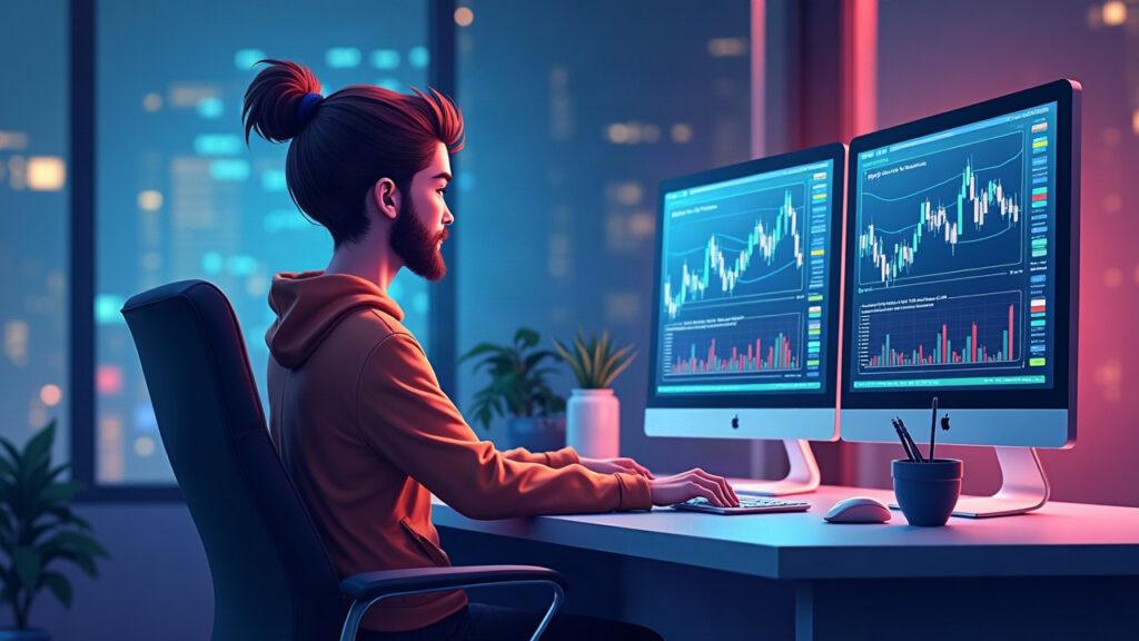Realistic trader at a sleek desk monitoring a Solana on-chain liquidity network via Frontier Traders.