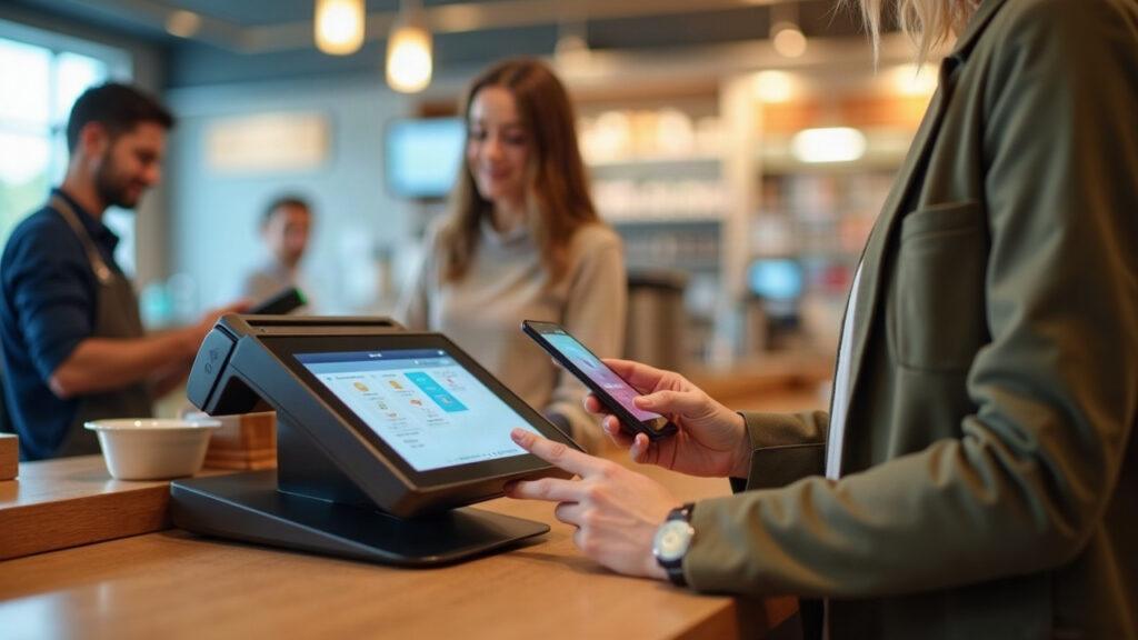 Semi-realistic checkout scene: shopper pays with a digital stablecoin on a sleek terminal using a wallet connection.