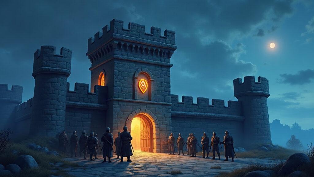 Semi-realistic fortress on a digital ledger, knight with glowing SW token, troops at the gate, blockchain motif