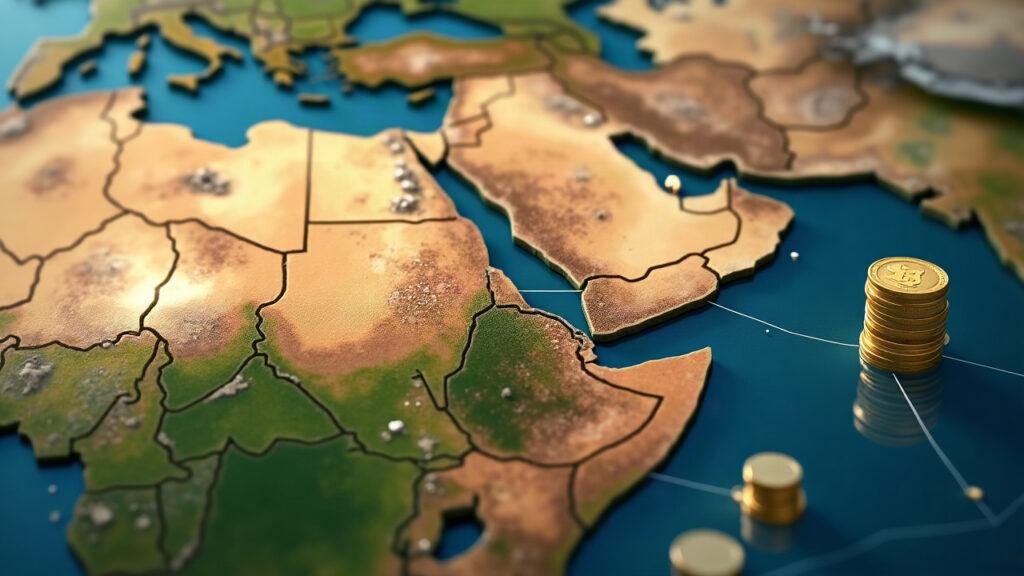 Hybrid illustration: Africa linked to a settlement hub by network lines, signaling gasless cross-border stablecoin payments.