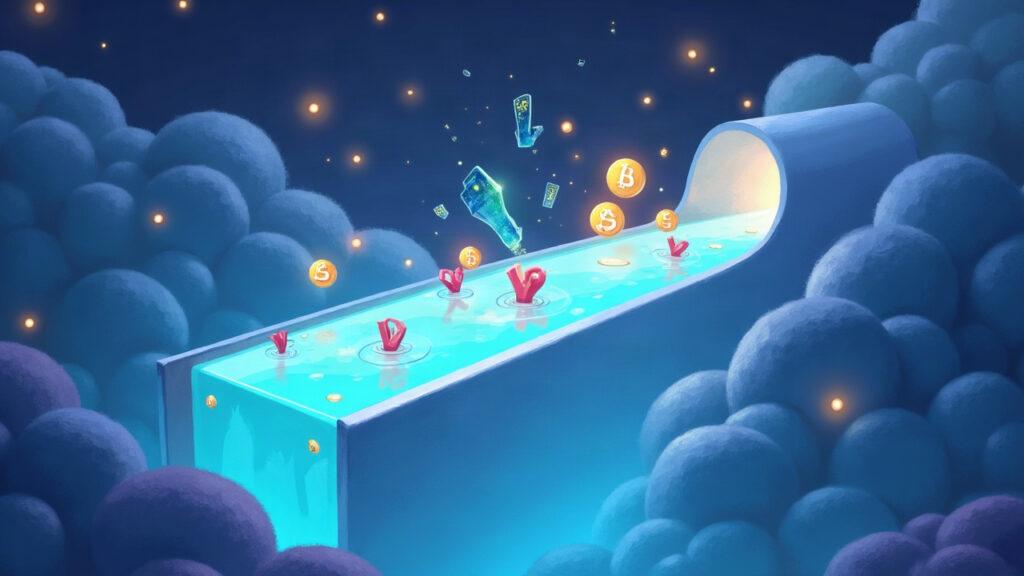 Realistic semi-illustration of tokenized stock icons entering a DeFi liquidity pool with a soft dashboard showing YoY growth.