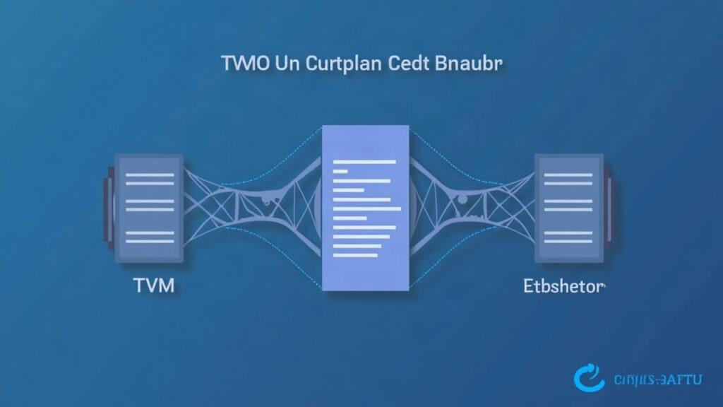 Semi-realistic illustration of a blockchain bridge connecting TVM and Ethereum upgrade nodes with a central contract panel.