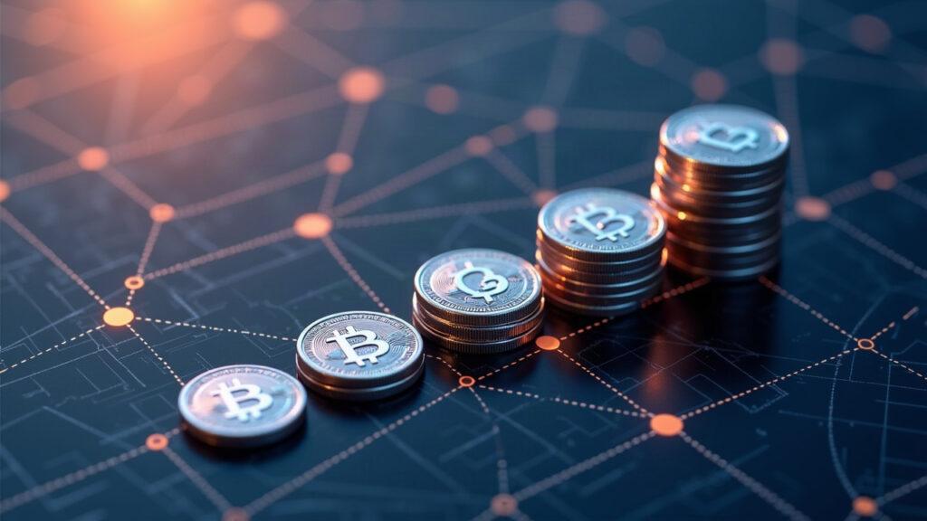 Semi-realistic illustration of USDC minting on a Solana-style blockchain grid, depicting rising supply.