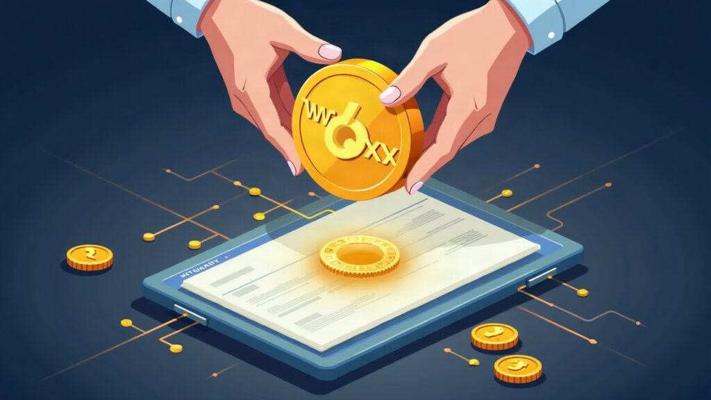 Realistic illustration of a WTGXX token above a secure ledger, with hands guiding a transfer and stablecoin reserve integration.
