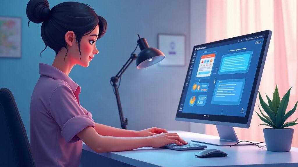 Semi-realistic illustration of a developer at a clean desk using an on-chain AI agent-builder UI, showing prototype-to-idea flow.