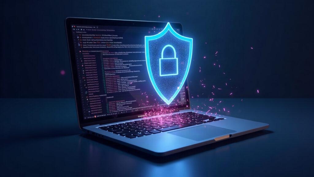 Semi-realistic laptop with glowing shield and flowing data illustrating client-side encryption for Aptos mainnet mempool.