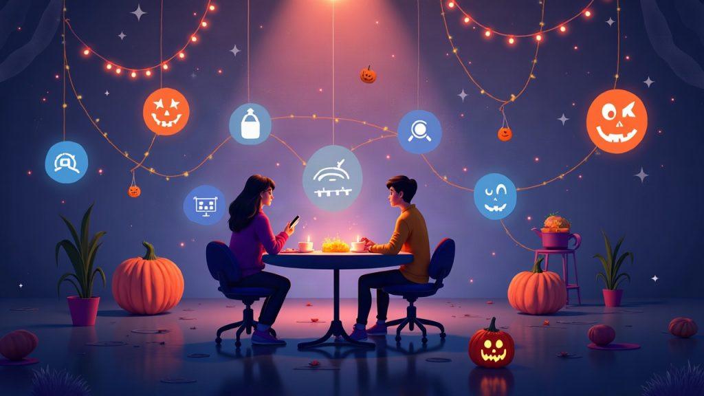 Semi-realistic illustration of ASI:One coordinating a Halloween party across multiple AI agents on a clean modern interface