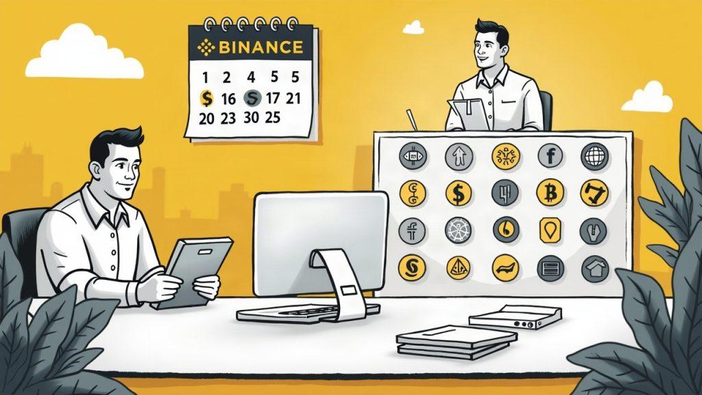 Semi-realistic illustration of a Binance Brazil office, a calendar marked Oct 30, and 22 faded token icons signaling delisting.