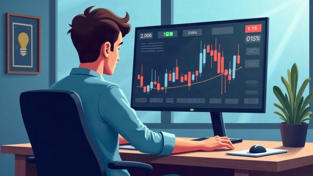 Semi-realistic illustration of a trader at a desk with a monitor showing a paused futures price chart and a data glitch.