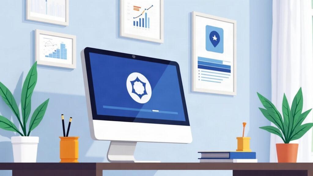 Illustration of a modern desk with a monitor showing a Cardano .ada icon and an ICANN review progress bar.